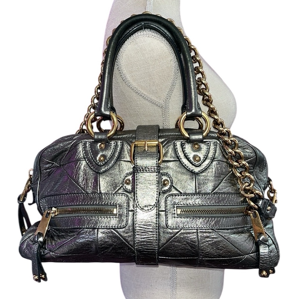 Marc Jacobs Y2K Quilted Venetia Metallic Gunmetal Leather Satchel w/ Chain Strap - Picture 3 of 17